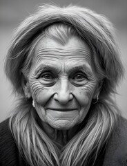black and white portrait of a homeless old woman