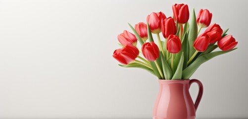 Fototapeta premium Red vase overflowing with vibrant red flowers