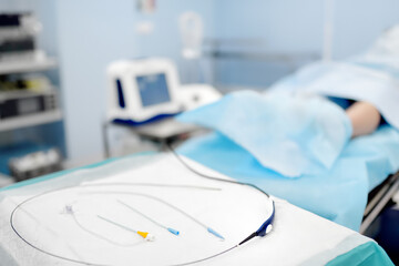 Professional vascular surgery equipment in the operating room of the clinic during vein surgery. Phlebectomy - 796644724