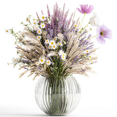  Bouquet of wildflowers lavender chamomile poppy pampas isolated on white background