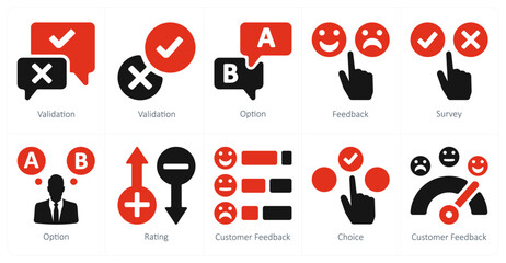 A set of 10 survey and ratings icons as validation, option, feebback