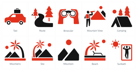 A set of 10 Travel and vacation icons as taxi, route, binocular