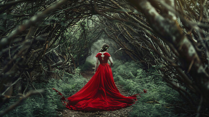 Countess in a long red dress is walking in a green 