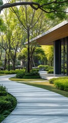 Naklejka premium A Vertical View Of A House With A Walkway And Natural Landscape.