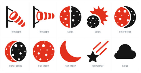 A set of 10 Weather icons as telescope, eclips, solar eclips - obrazy, fototapety, plakaty