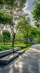 A Vertical View Of A Park Bench Surrounded By Greenery And Trees.