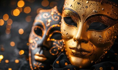Two golden masquerade masks on dark background