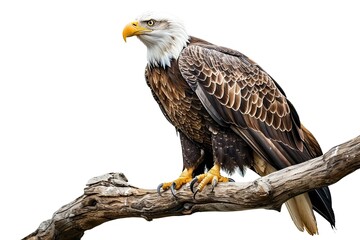 beautiful of eagle bird standing in a branch of tree with droplets of water isolated on white background 