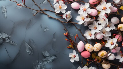 Easter holiday. Branches with blooming flowers and eggs on a light background. Banner with copy space.