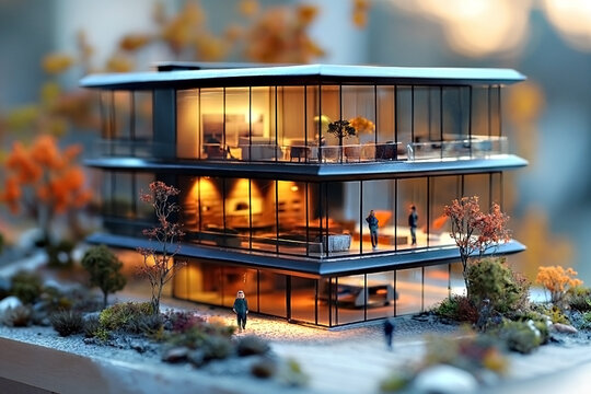 Business concept backgrounds. Miniature of business people and office building. Tilt shift lens effect.