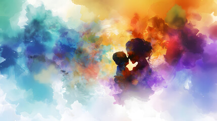 Obraz na płótnie Canvas digital painting of a mother embracing her child against a colorful watercolor background, mother's day concept