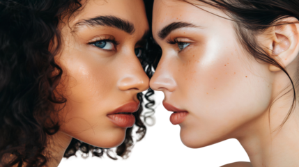 Beautiful two young models with clean perfect skin. Portrait of beauty model with natural make up close up, isolated on transparent background