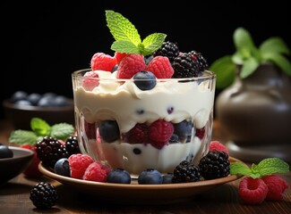 Appetizing cold ice cream with fresh delicious berries served in a glass cup.