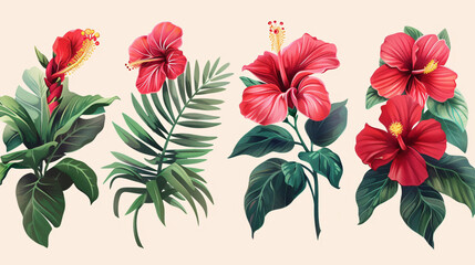 Hawaiian hibiscus and exotic aloha plants - obrazy, fototapety, plakaty