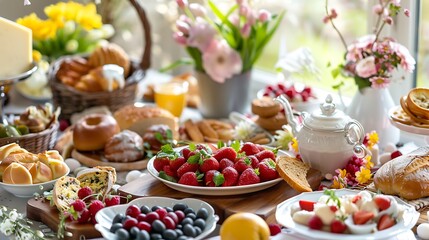 Fototapeta na wymiar Breakfast or brunch table filled with all sorts of delicious delicatessen ready for an Easter meal