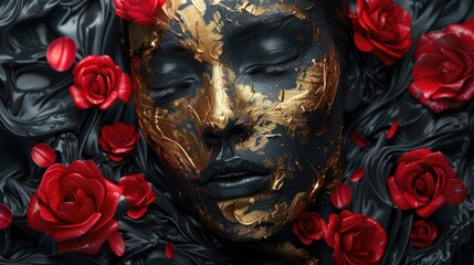 Womans face painted with gold and red roses