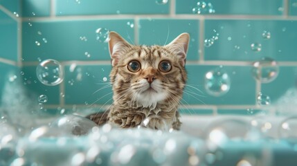 Curious cat in bathtub with soap bubbles