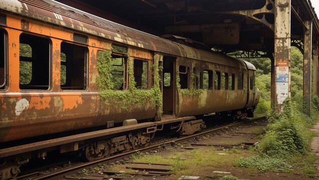 This is an image of an old, rusty train car with graffiti on the side. The train car is surrounded by overgrown plants and appears to be abandoned.

