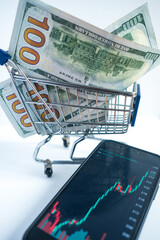 shopping cart usd 100 bills note trading online with smartphone 