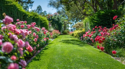 Lush green yard with pink roses