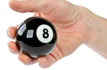 Hand holding 8 snooker ball on transparent PNG background, business and extrategy concept.