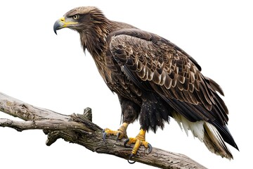 Fototapeta premium beautiful of eagle bird standing in a branch of tree with droplets of water isolated on white background 