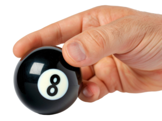 Hand holding 8 snooker ball on transparent PNG background, business and extrategy concept.