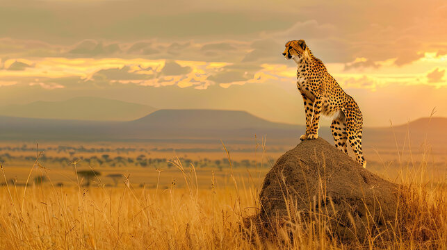A cheetah poised on a termite mound, surveying the vast savanna, the panoramic view encompassing the vibrant colors of the setting sun against the mountains. - Powered by Adobe