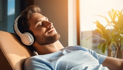 A man is wearing headphones and smiling while laying down
