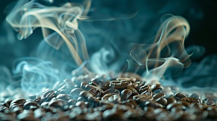 Close up of seeds of coffee fragrant coffee beans are roasted smoke comes from coffee beans - obrazy, fototapety, plakaty