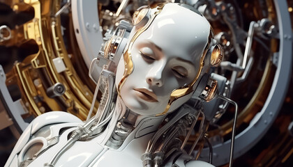 A woman in a silver bikini is laying on a robot