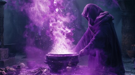 A mysterious purple mist emanating from a bubbling cauldron containing various rare herbs and animal parts being stirred by a hooded . .