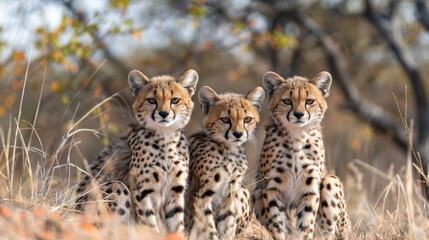 Majestic Cheetah cubs in open range. African safari. Savannah. Wildlife, habitat, nature reserve.