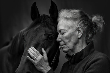emotional black and white portrait of a senior woman and horse sharing a peaceful moment