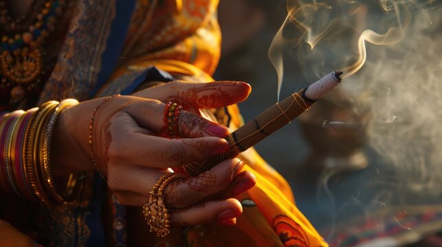 A close-up of a woman's hand holding a traditional Indian incense stick, symbolizing the offering made during the Vrat.