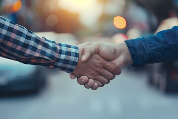 Fototapeta premium Customer and auto insurance agent shake hands with blurred cars in background. Concept Insurance, Auto, Customer, Agent, Deal with Cars