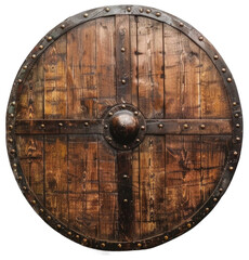 Fototapeta premium Wooden Viking shield on transparent PNG background.