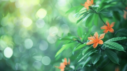 The muted colors of lush green leaves and vibrant orange flower petals blend together in a hazy defocused background evoking a sense of peace and serenity for meditation or yoga practices. .
