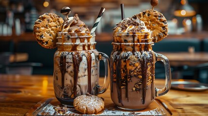 Close up view of two freakshake in mason jar on brown table freaked milkshake with chocolate biscuit cookies and sugar sprinkling trendy food concept - obrazy, fototapety, plakaty