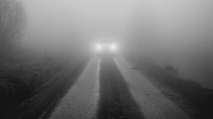 A foggy road with a phantom car appearing out of nowhere, its headlights piercing the mist.