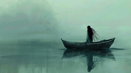 A solitary figure with long hair stands bowed in a small boat, enveloped by the calmness of the lake
