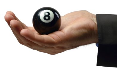 Hand holding 8 snooker ball on transparent PNG background, business and extrategy concept.