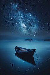 Peaceful solitude as a small boat drifts on a calm lake beneath a vast, starry night sky