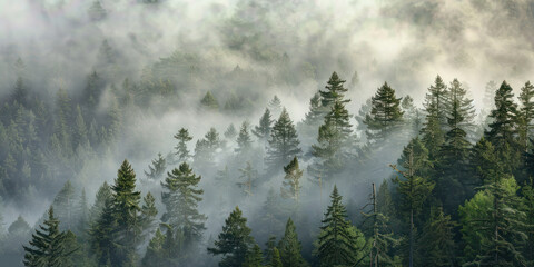 Aerial view pine tree forest foggy morning, top view nature outdoor evergreen landscape.	
