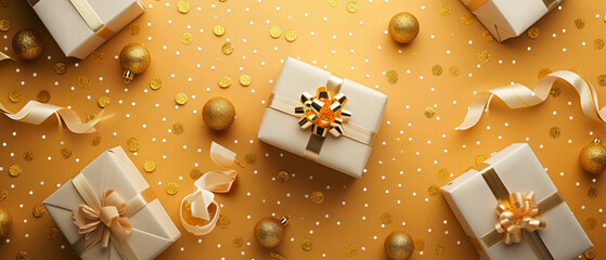 Happy Holidays mock up with gift box on yellow. Celebration greeting background with presents, confetti, decorations. Flat lay. Top view. Generative Ai