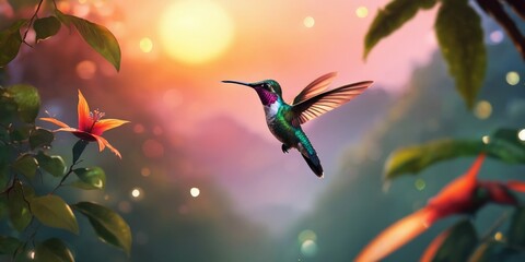 Illustration Of a Flying Hummingbird Near Flower On Sunset