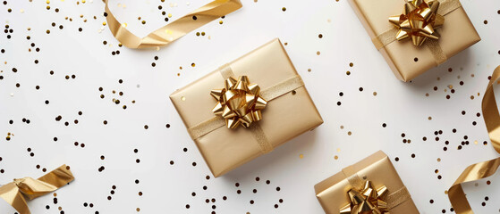 Happy Holidays mock up with golden gift boxes. Celebration greeting background with presents, confetti, decorations. Flat lay. Top view. Generative Ai