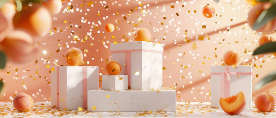 Pink holidays composition with gift boxes, peach fruits.Celebration greeting background with presents, confetti, decorations. Generative Ai