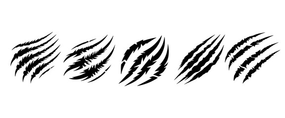 claw marks or scratches isolated on white background. wild animal claw marks. logotype icons set on white. scary, damage, beast, mail, monster, animal attack conceptual image. 