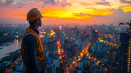 Construction site worker wearing yellow hardhat and gloves at a city construction site